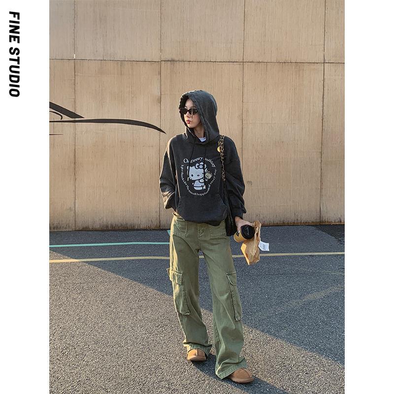 Fine studio Áo Hoodie Tay Dài Dáng Rộng In Hình Mèo Mùa Thu Đông Dễ Phối Đồ Phong Cách Mỹ Cho Nữ