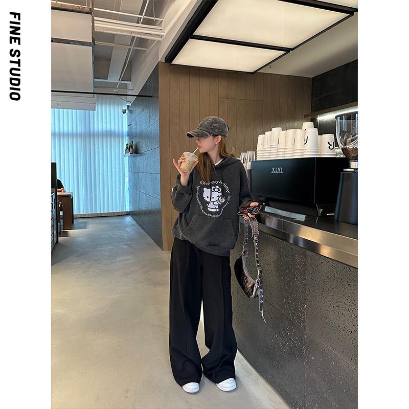 Fine studio Áo Hoodie Tay Dài Dáng Rộng In Hình Mèo Mùa Thu Đông Dễ Phối Đồ Phong Cách Mỹ Cho Nữ