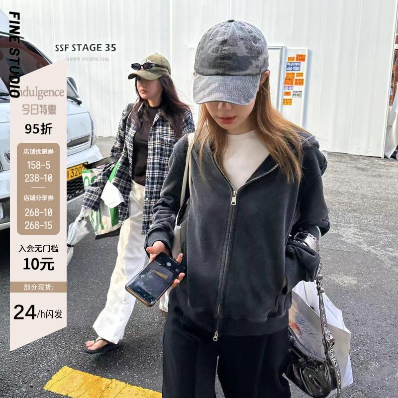 Áo Khoác sweatshirt Có Mũ Trùm Đầu Màu Xám Đậm Phong Cách Mỹ 2023 Mới Cho Nữ