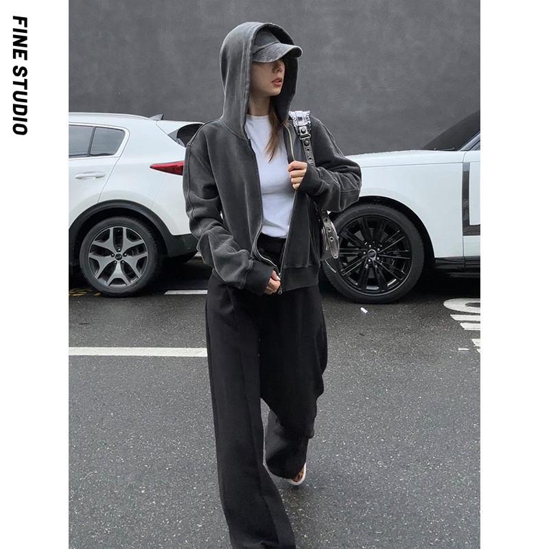 Áo Khoác sweatshirt Có Mũ Trùm Đầu Màu Xám Đậm Phong Cách Mỹ 2023 Mới Cho Nữ