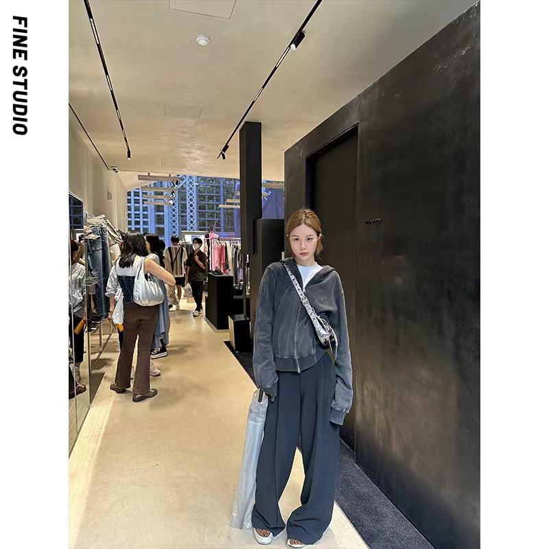 Áo Khoác sweatshirt Có Mũ Trùm Đầu Màu Xám Đậm Phong Cách Mỹ 2023 Mới Cho Nữ