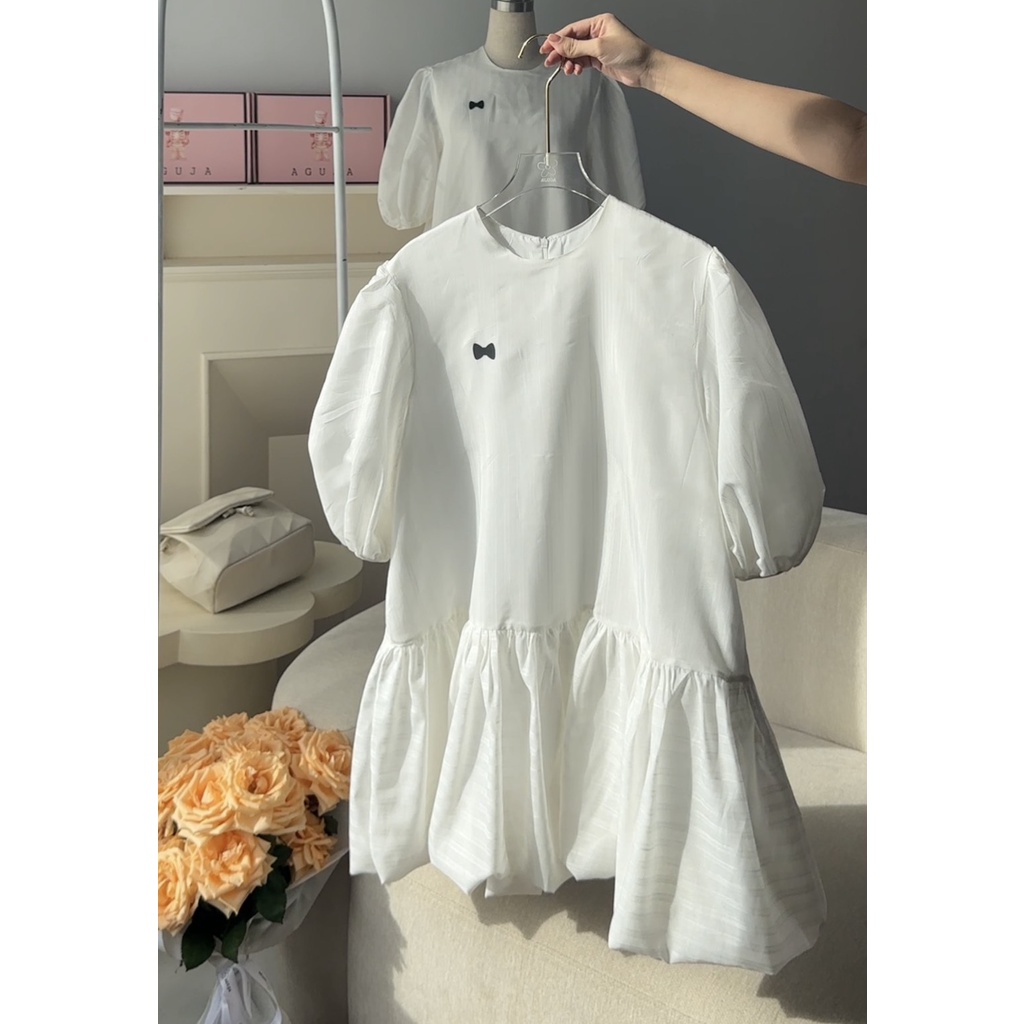 Jeny dress váy bèo nhún tay bo chun in nơ dập nổi AGUJA