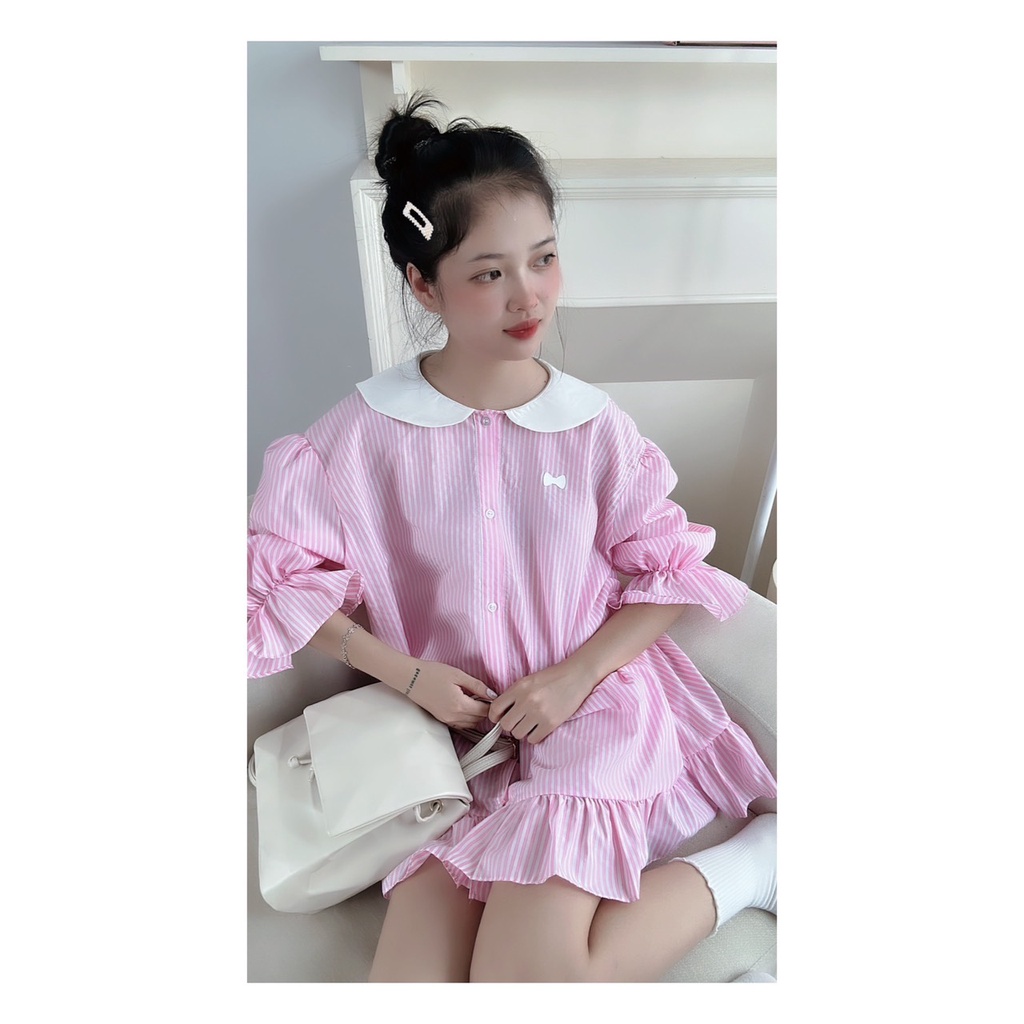 Yuri dress đầm sơ mi tiểu thư cổ cánh sen tay bo chun in nơ nổi AGUJA