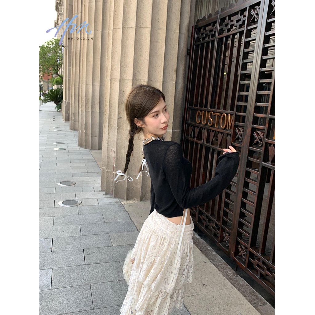 Đen Áo sweater Tay Dài Thắt Nơ Eo Xinh Xắn Thời Trang Cho Nữ