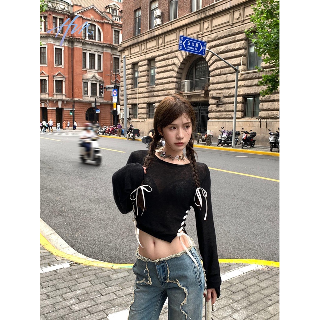 Đen Áo sweater Tay Dài Thắt Nơ Eo Xinh Xắn Thời Trang Cho Nữ