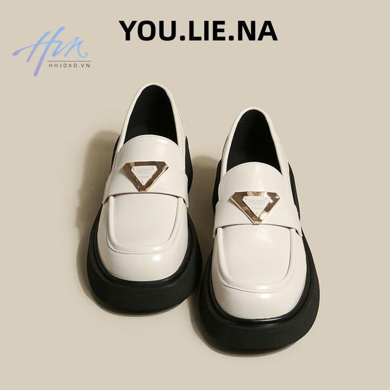 Đen Giày Lười Da Đế Dày Phong Cách Anh Quốc Thời Trang 2023 Cho Nữ
