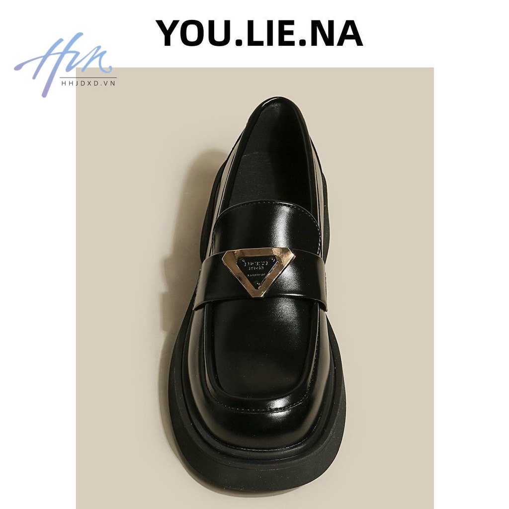 Đen Giày Lười Da Đế Dày Phong Cách Anh Quốc Thời Trang 2023 Cho Nữ