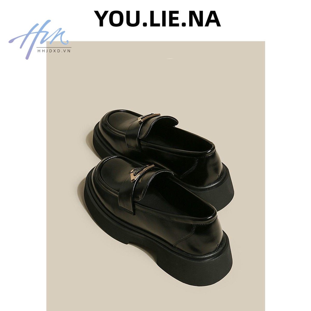 Đen Giày Lười Da Đế Dày Phong Cách Anh Quốc Thời Trang 2023 Cho Nữ