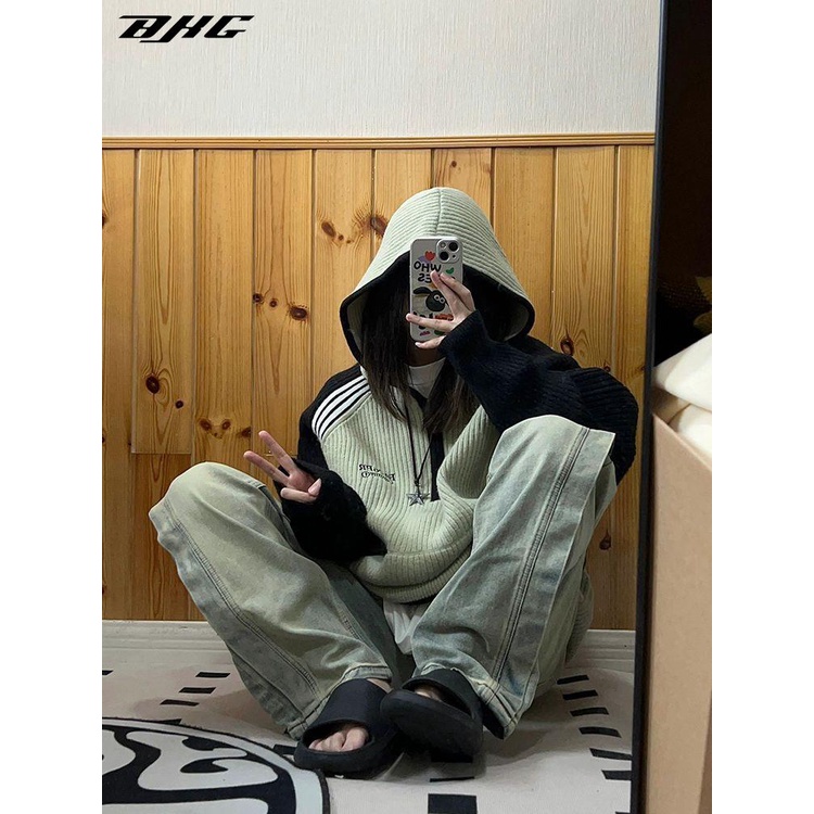 Áo Hoodie Tay raglan Màu Sắc Tương Phản Thời Trang Thu Đông Mỹ Dành Cho Nữ