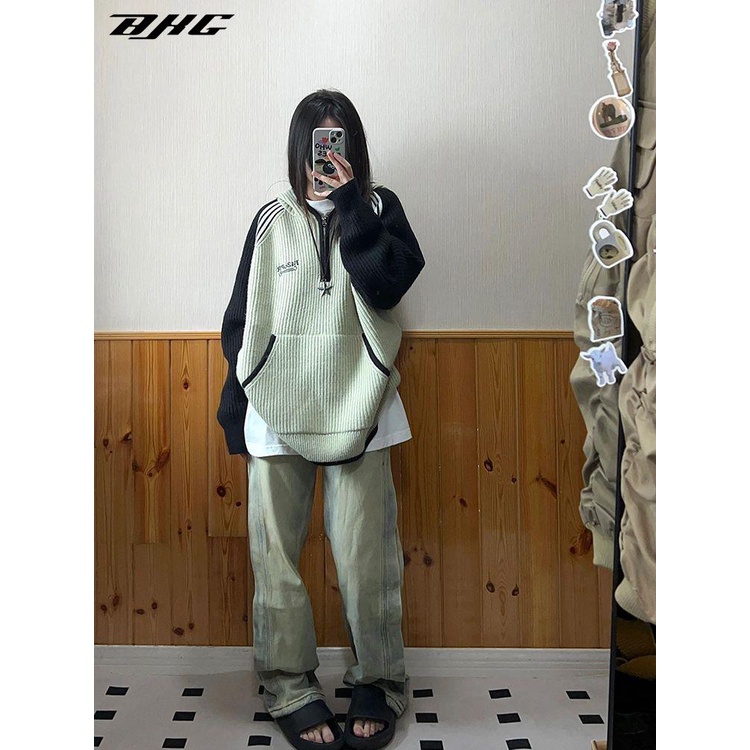 Áo Hoodie Tay raglan Màu Sắc Tương Phản Thời Trang Thu Đông Mỹ Dành Cho Nữ