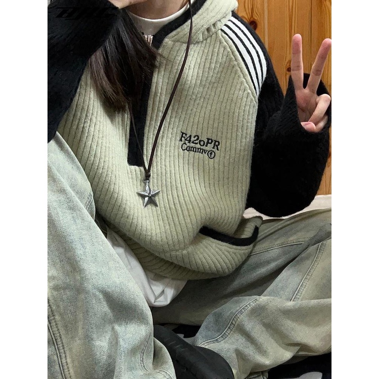 Áo Hoodie Tay raglan Màu Sắc Tương Phản Thời Trang Thu Đông Mỹ Dành Cho Nữ