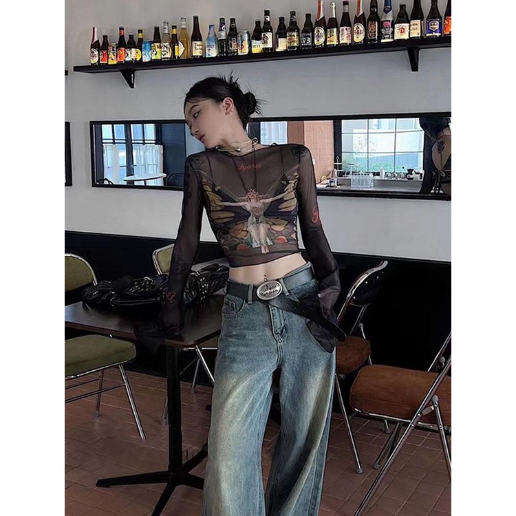 Áo Thun Tay Dài Dáng Ôm In Họa Tiết Bươm Bướm Phong Cách Mỹ Thời Trang Mùa Thu 2023 Mới Cho Nữ