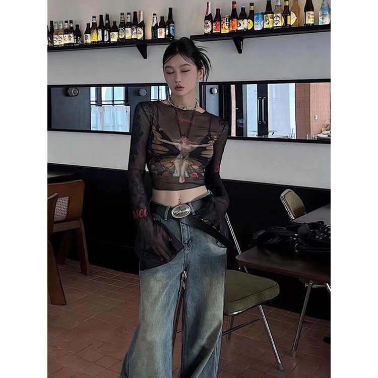 Áo Thun Tay Dài Dáng Ôm In Họa Tiết Bươm Bướm Phong Cách Mỹ Thời Trang Mùa Thu 2023 Mới Cho Nữ