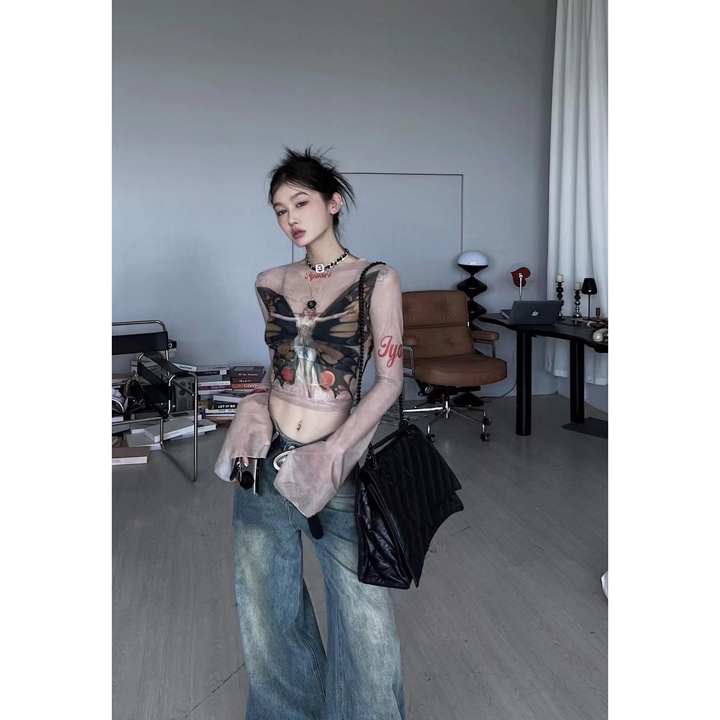 Áo Thun Tay Dài Dáng Ôm In Họa Tiết Bươm Bướm Phong Cách Mỹ Thời Trang Mùa Thu 2023 Mới Cho Nữ