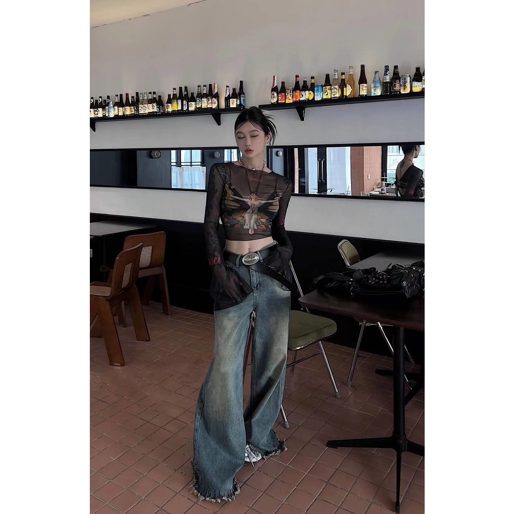 Áo Thun Tay Dài Dáng Ôm In Họa Tiết Bươm Bướm Phong Cách Mỹ Thời Trang Mùa Thu 2023 Mới Cho Nữ