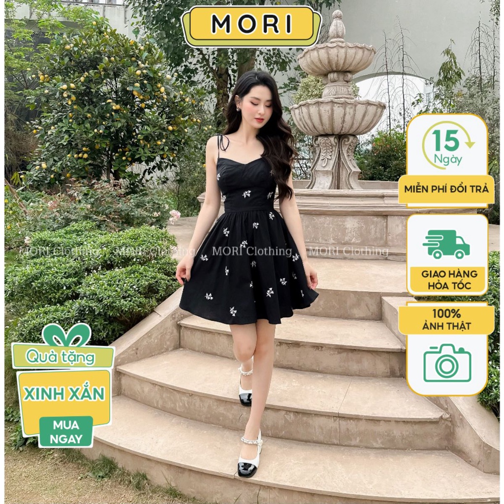 Đầm 2 dây đen váy nữ trắng dáng ngắn maxi đi biển chất thô thêu hoa in trắng thời trang thiết kế MORI CLOTHING V950