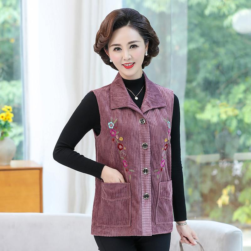 Áo Khoác Nhung Kẻ Không Tay Thêu Họa Tiết Phong Cách Mới Dành Cho Phụ Nữ Trung Niên