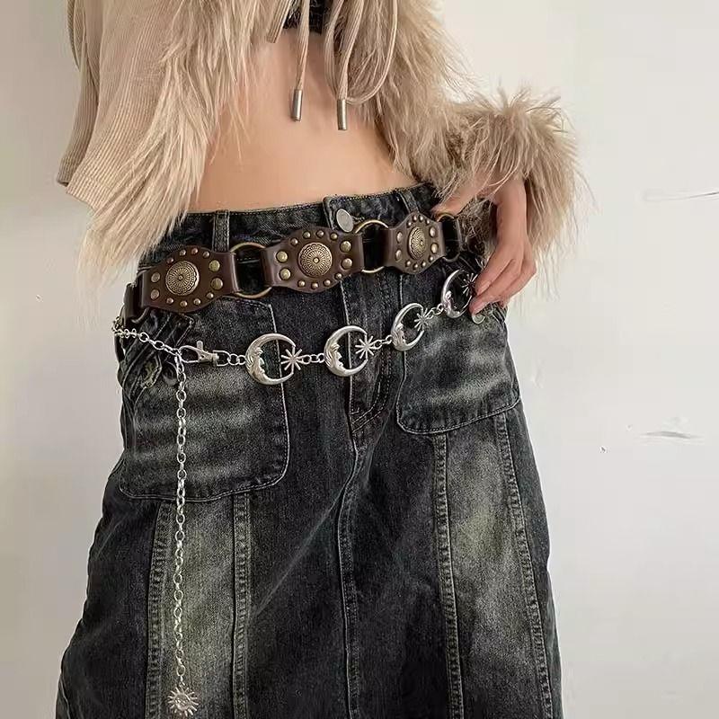 Thắt Lưng Màu Nâu Đính Đinh Tán Phong Cách retro Mỹ 2023 Mới