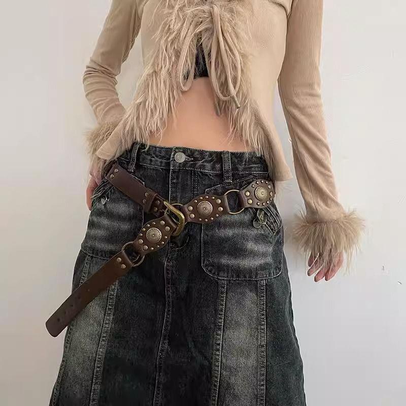 Thắt Lưng Màu Nâu Đính Đinh Tán Phong Cách retro Mỹ 2023 Mới