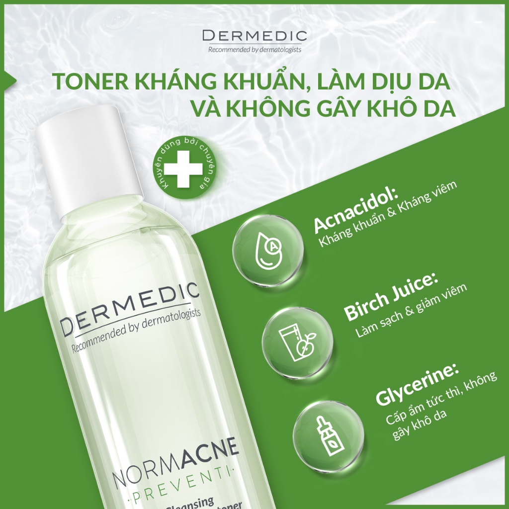 Toner Cân Bằng Da Dầu Mụn Nhạy Cảm Dermedic Normacne Cleansing And Regulating Skin 200ml - Se Khít Lỗ Chân Lông To