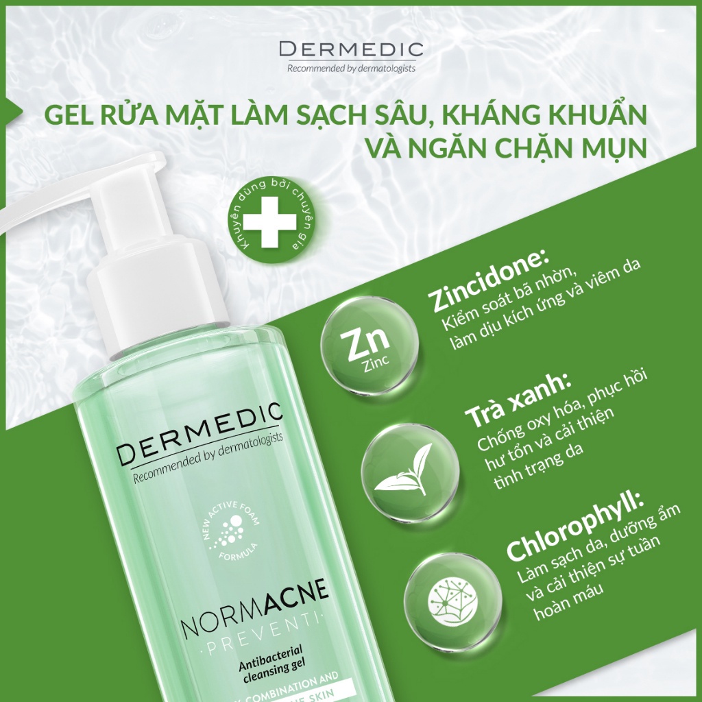 Sữa rửa mặt dạng gel hỗ trợ làm sạch dành cho da dầu da mụn Dermedic Normacne Antibacterial Cleansing Gel 200ml