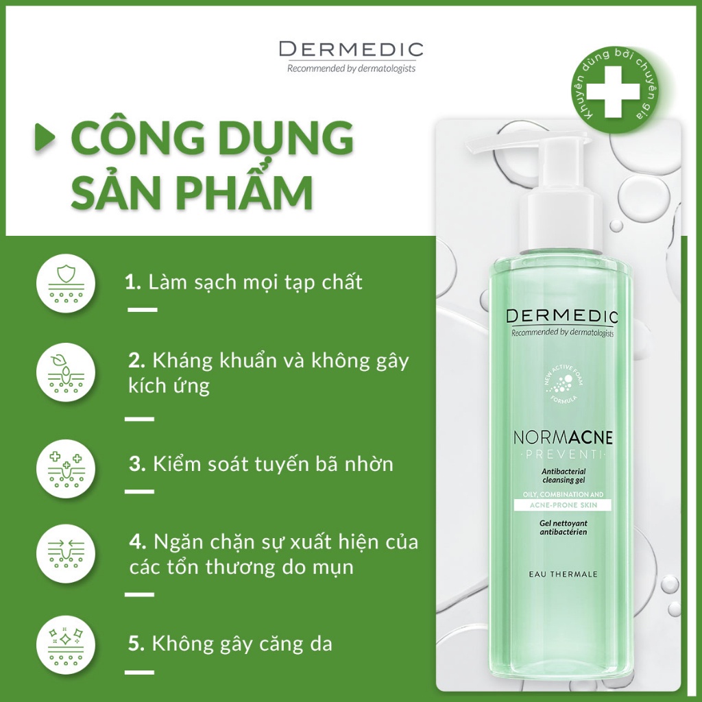 Sữa rửa mặt dạng gel hỗ trợ làm sạch dành cho da dầu da mụn Dermedic Normacne Antibacterial Cleansing Gel 200ml