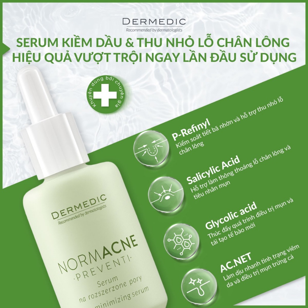 Serum Giảm Mụn Kiềm Dầu Se Khít Lỗ Chân Lông Da Dầu Mụn Dermedic Normacne Preventi - 30ml