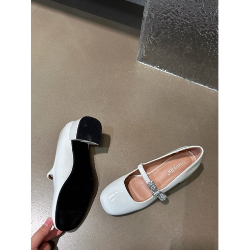 Giày búp bê  Mary Jane mũi tròn gót vuông đính đá hạt sáng cho nữ mang bít gót 2023