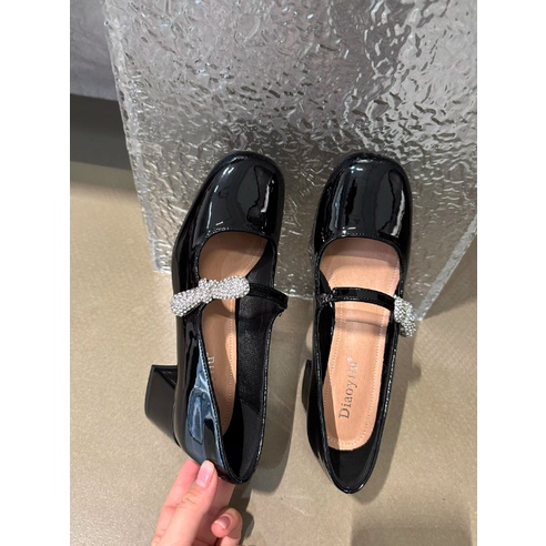 Giày búp bê  Mary Jane mũi tròn gót vuông đính đá hạt sáng cho nữ mang bít gót 2023