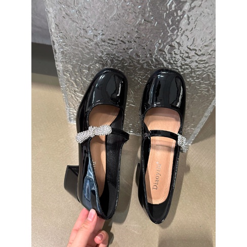 Giày búp bê  Mary Jane mũi tròn gót vuông đính đá hạt sáng cho nữ mang bít gót 2023