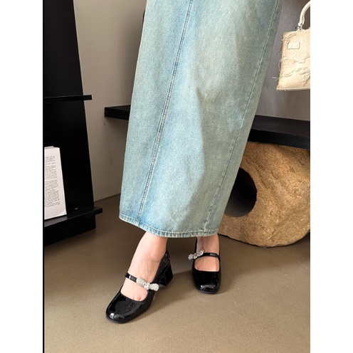 Giày búp bê  Mary Jane mũi tròn gót vuông đính đá hạt sáng cho nữ mang bít gót 2023