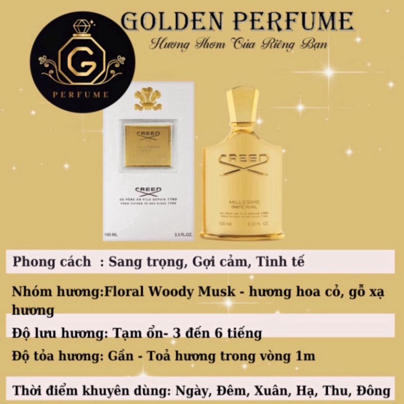 Nước hoa nam nữ unisex Creed Millesime Imperial edp sang trọng nổi bật chiết 10ml chính hãng - Golden Perfume