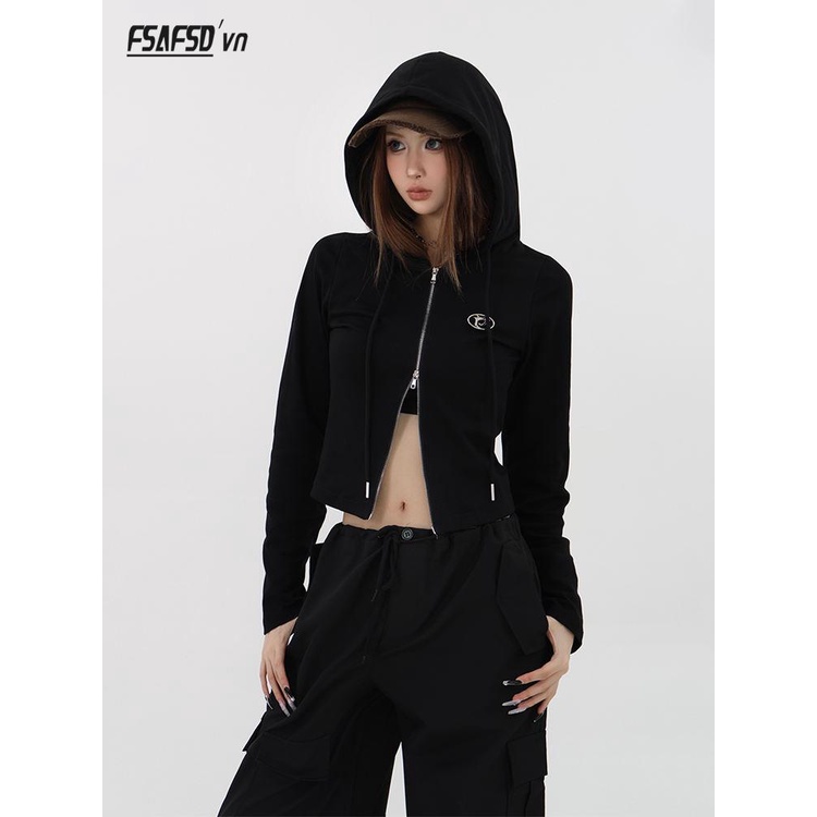 Đen Áo Khoác cardigan Mỏng Có Mũ Trùm Dáng Ngắn Phong Cách Mỹ Thời Trang Mùa Thu 2023 Cho Nữ
