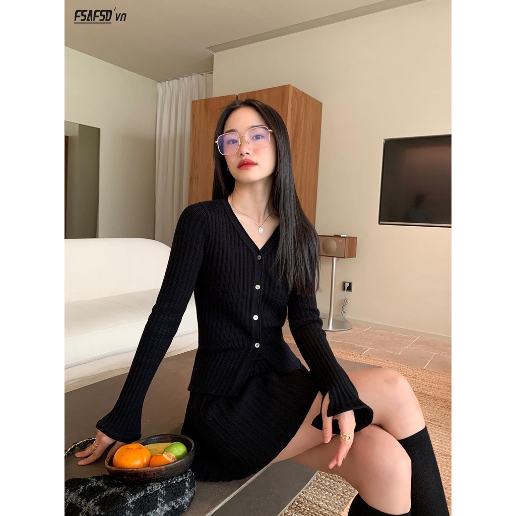 Set Áo Len Cổ v Dài Tay + Chân Váy Lưng Cao Thời Trang Nữ