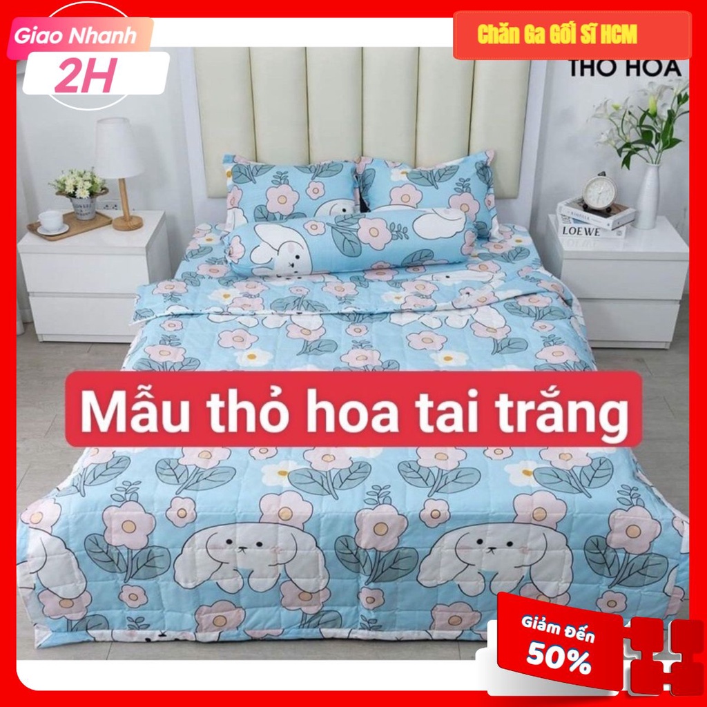 Bộ Ga Gối trải giường cotton poly kích thước 1m/1m2x2m, drap giường hàn quốc - MẪU THỎ HOA TAI TRẮNG
