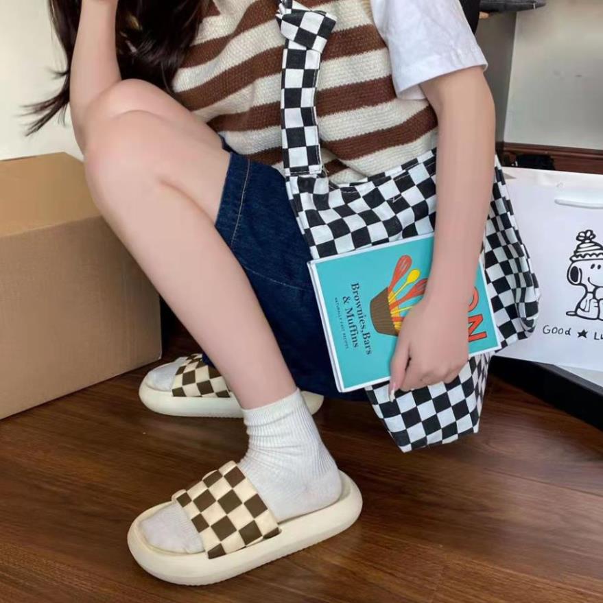 Dép nữ quai ngang caro đế bánh mỳ cực phẩm 2022, Dép thời trang nữ hot trend size 36-41