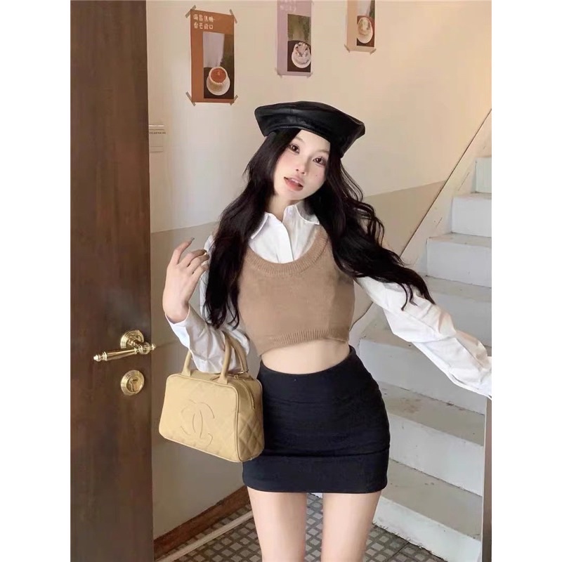 Áo gile len mix sơ mi croptop dài tay tách rời hàng Quảng Châu