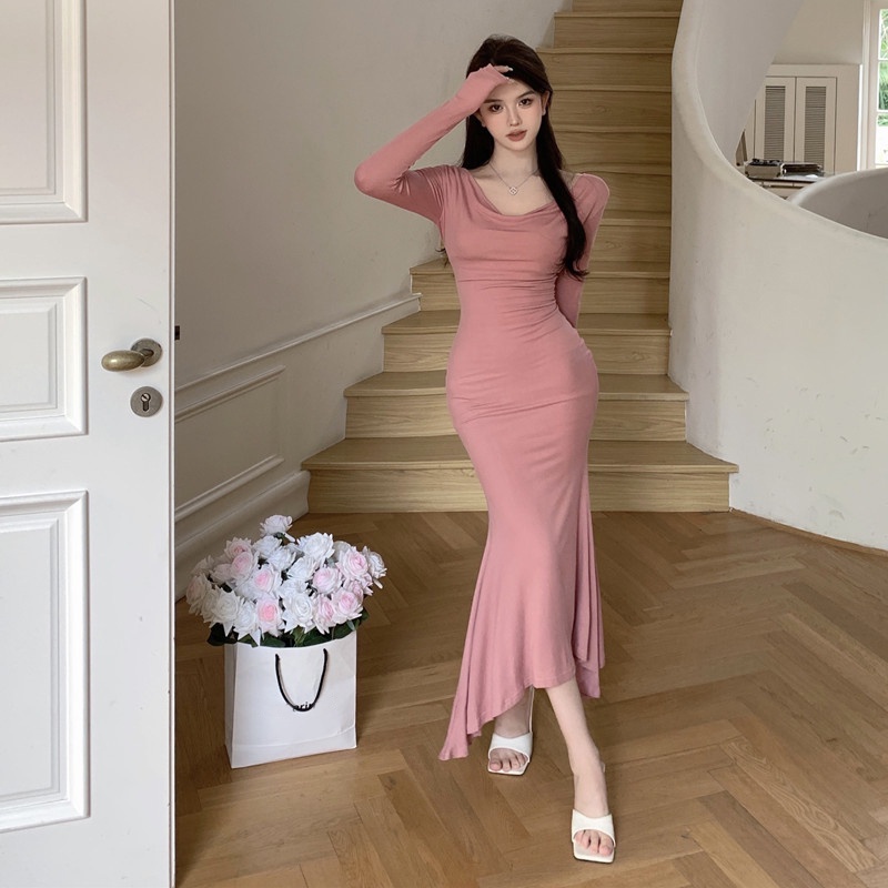 Jiashucheng Đầm Trễ Vai Tay Dài Màu Hồng Chiết Eo Cao Vừa Vặn Mùa Thu Màu Hồng Cho Nữ @ -