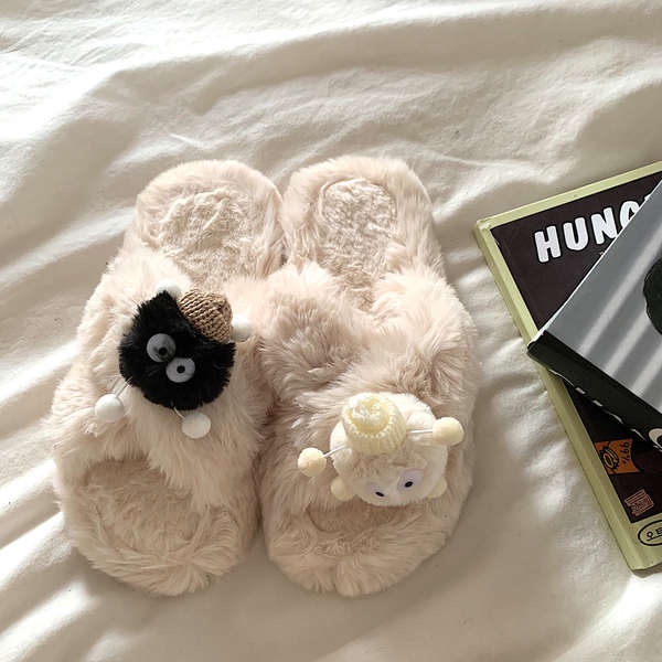 Dép Lông Xù Quai Chéo Đế Dày Ấm Áp Kiểu Hoạt Hình Đáng Yêu Chống Trượt Cho Nữ
