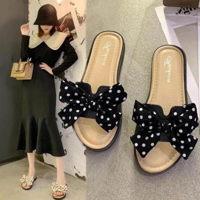 Dép Nữ Đế Bằng Đính Nơ Hoạ Tiết chấm bi chữ H dễ thương