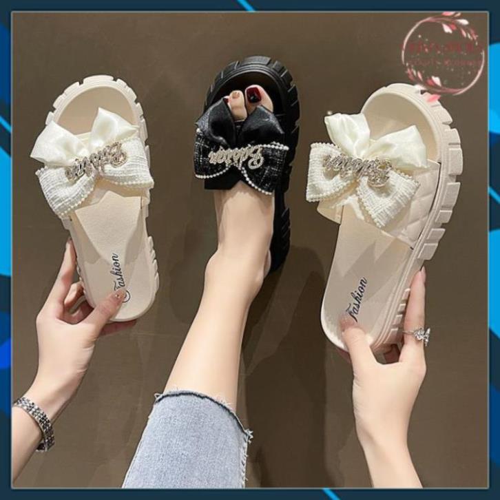 Dép Nữ Quai Ngang Đính Nơ Chữ Độn Đế Răng Cưa Siêu Đẹp
