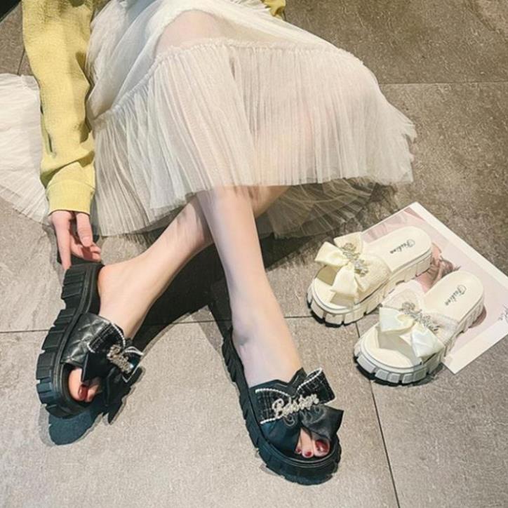 Dép Nữ Quai Ngang Đính Nơ Chữ Độn Đế Răng Cưa Siêu Đẹp