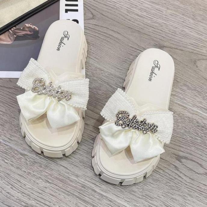 Dép Nữ Quai Ngang Đính Nơ Chữ Độn Đế Răng Cưa Siêu Đẹp