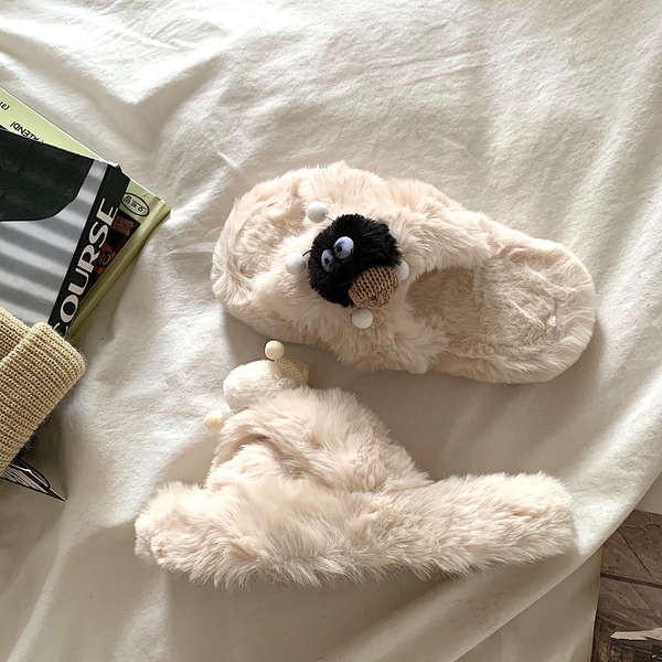 Dép Lông Xù Quai Chéo Đế Dày Ấm Áp Kiểu Hoạt Hình Đáng Yêu Chống Trượt Cho Nữ