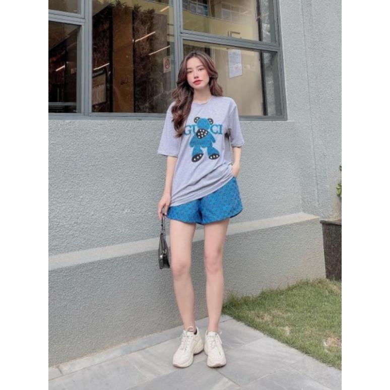 Set Bộ Đùi Thun Cotton Thêu Gấu Xanh Dương Phối Đen