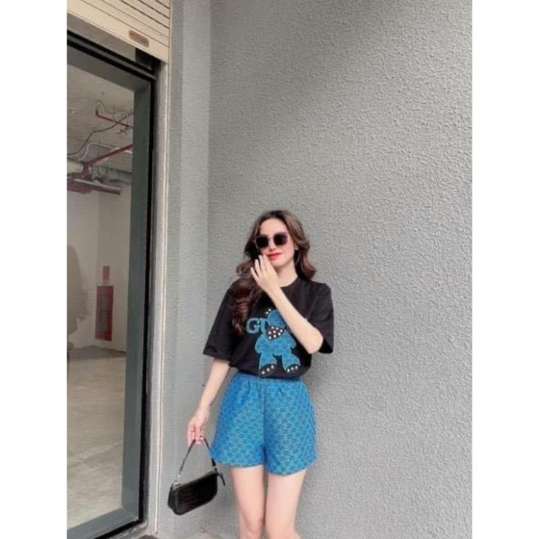 Set Bộ Đùi Thun Cotton Thêu Gấu Xanh Dương Phối Đen