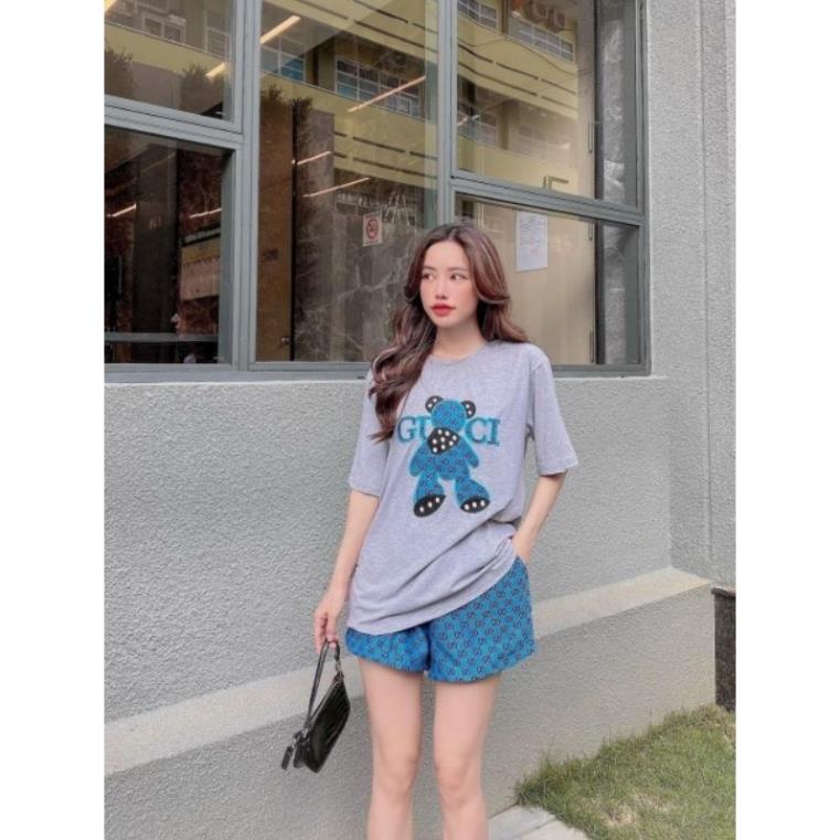 Set Bộ Đùi Thun Cotton Thêu Gấu Xanh Dương Phối Đen