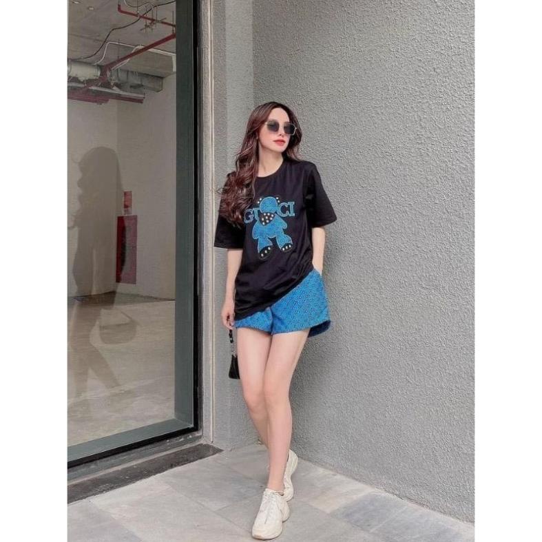 Set Bộ Đùi Thun Cotton Thêu Gấu Xanh Dương Phối Đen