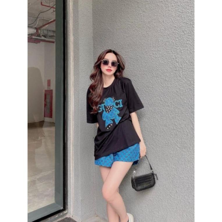 Set Bộ Đùi Thun Cotton Thêu Gấu Xanh Dương Phối Đen