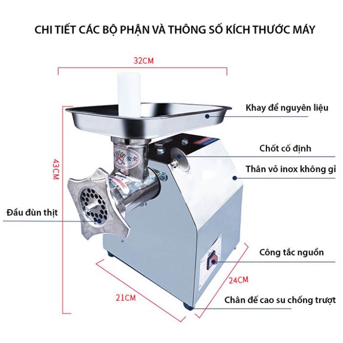 Máy đùn thịt xay thịt cá công nghiệp INOX động cơ lõi đồng 850W năng suất 150kg/h